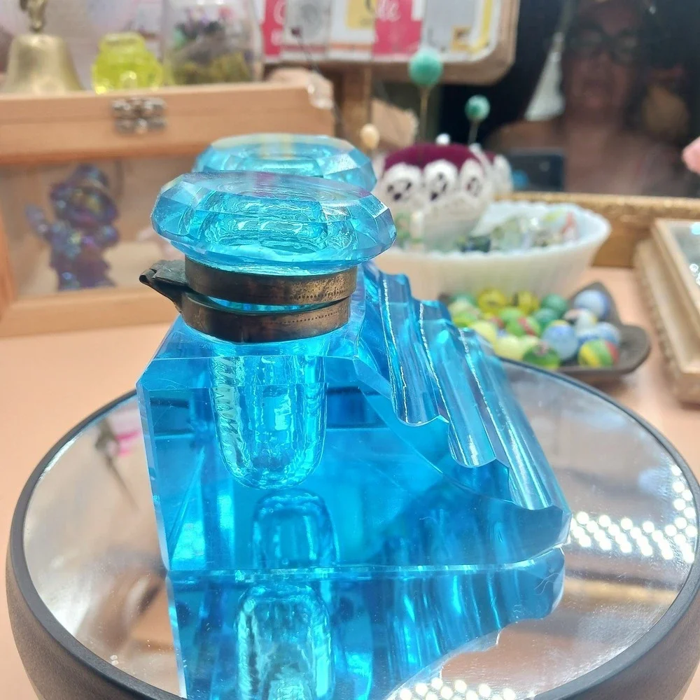 Antique Peacock Blue Glass DOUBLE Inkwell, Late 19th Century Victorian Desk